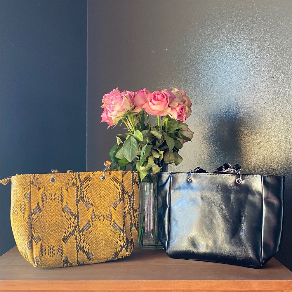 Two Opening Ceremony Leather Purses- Black and Yellow Python/Snake